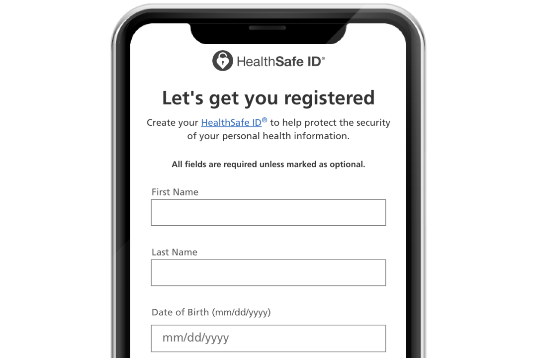 phone screen with login fields for HealthSafeID